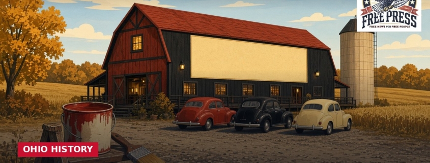 Fostoria News Historic Ohio barn with Mail Pouch sign and vintage cars.